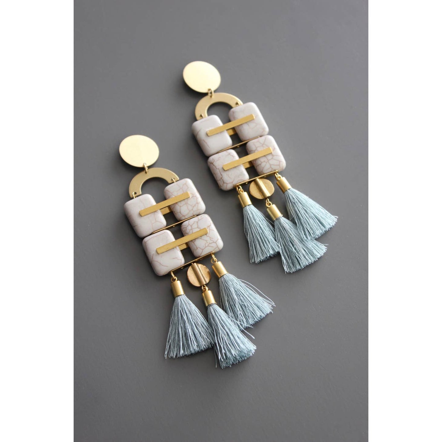 Geometric Gray Stone & Tassel Long Statement Earrings