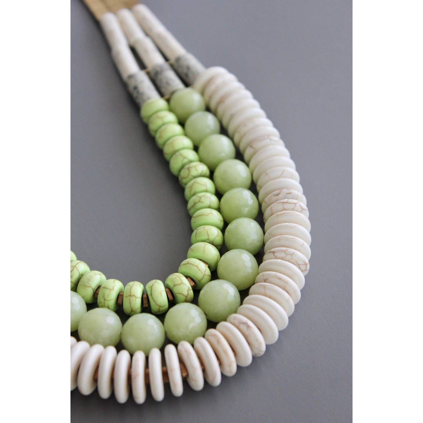 Triple Strand Necklace w/ Lime Green and White Beads