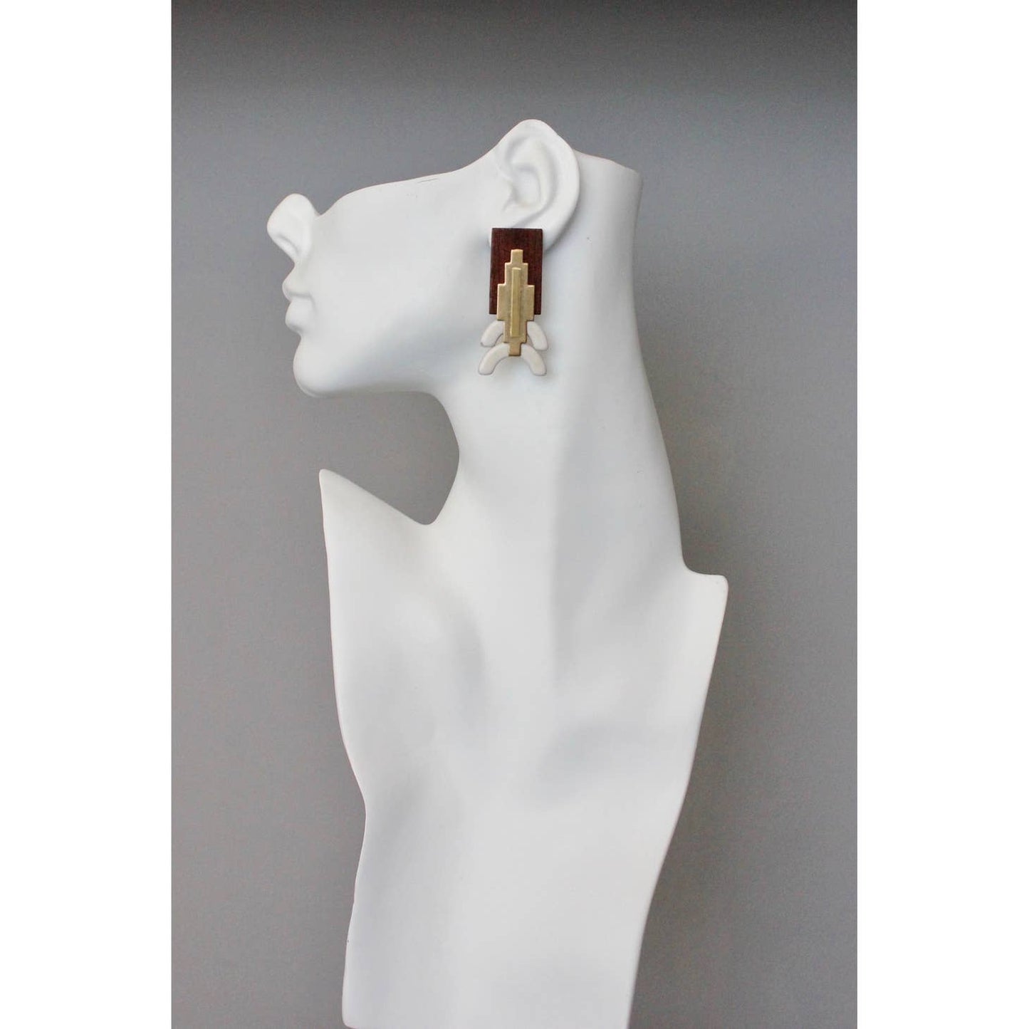 Vintage Wood, Brass, and Stone Post Earrings
