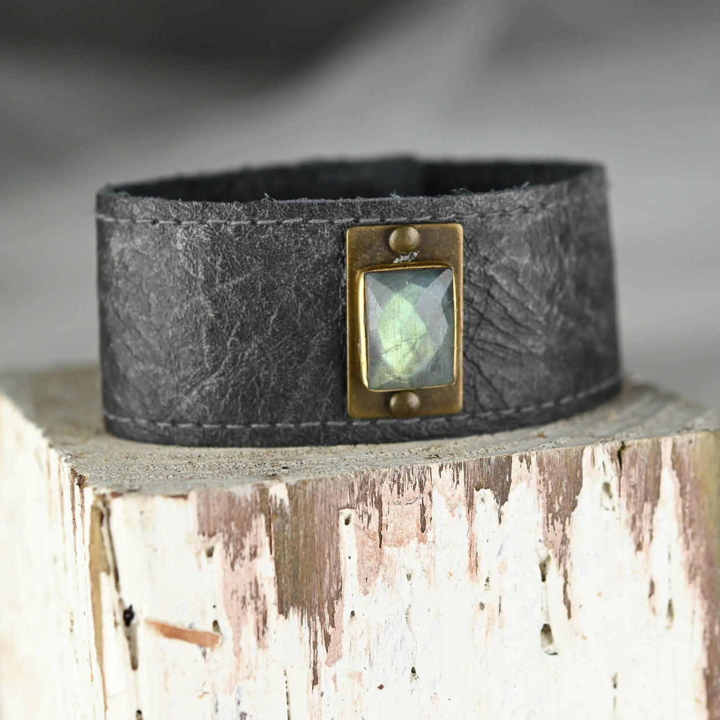 Midsize Cuff with Labradorite on Charcoal Distressed Leather