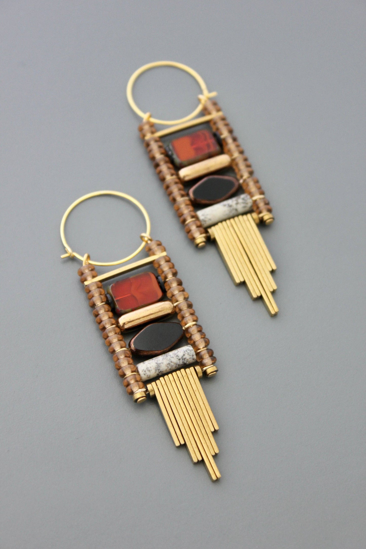 Long Hoop Glass and Stone Earrings
