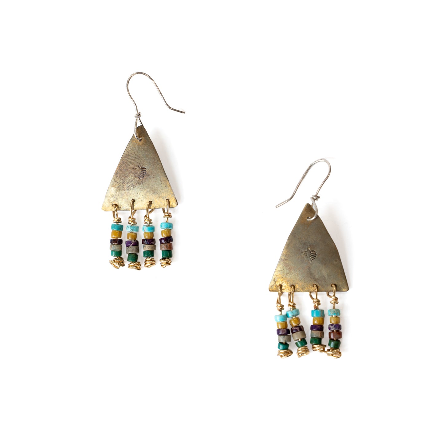 Brass Stamped Triangle Dangle Earrings with Beaded Fringe