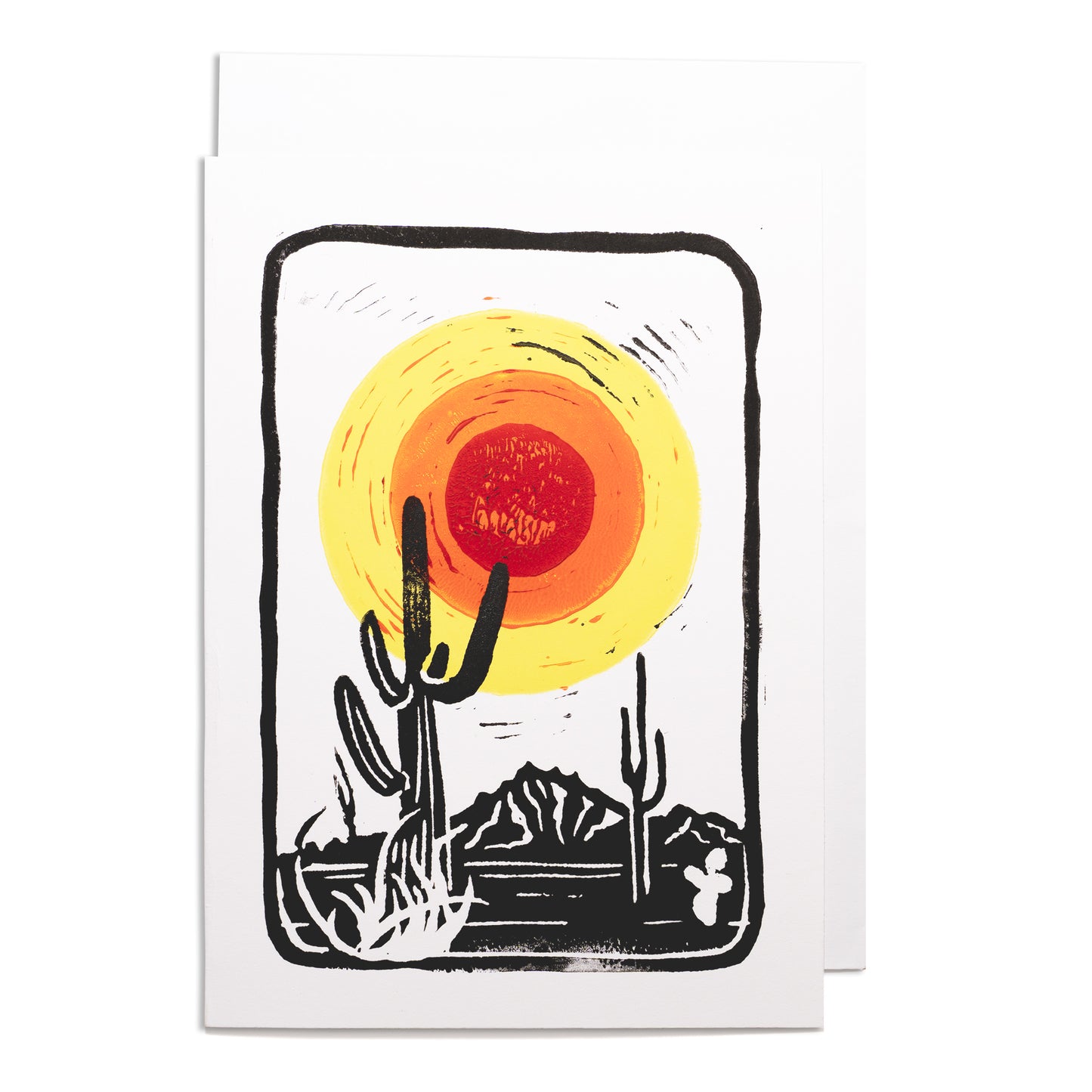 Black and White Desert Bright Sunset Hand-pulled Linoleum Print Card