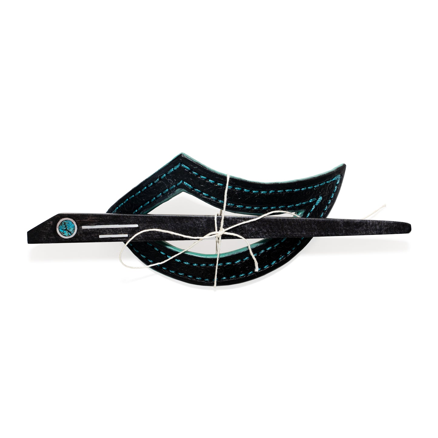 Black Bird Cage Leather Barrette with Turquoise Inlay Stick