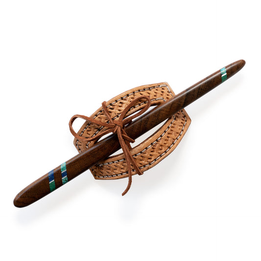 Barn Dance Basket Weave Leather Hair Barrette with Turquoise Inlay Natural Wood Stick