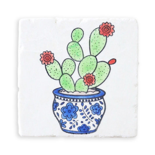 Cactus Chinoiserie Potted Marble Coaster