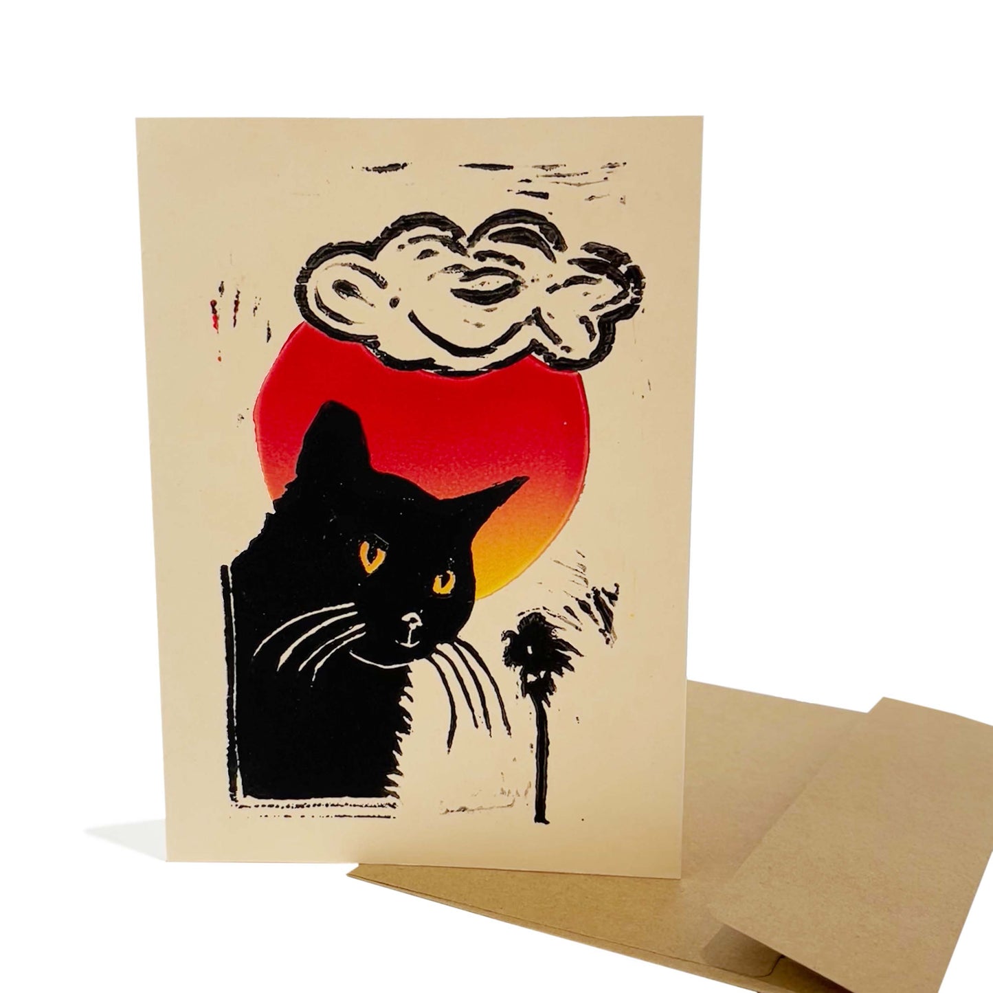 Cat with Sunset Linoleum Print Card