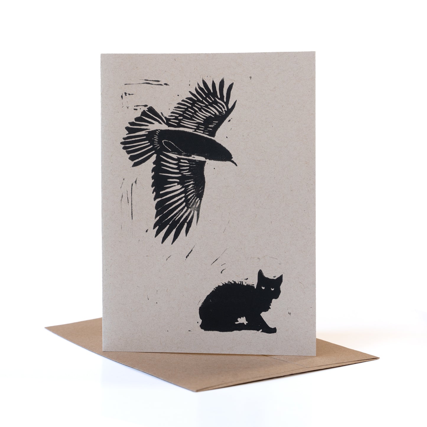 Cat with Bird of Prey Linoleum Print Card