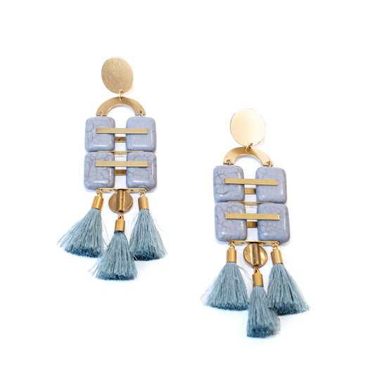 Geometric Gray Stone & Tassel Long Statement Earrings