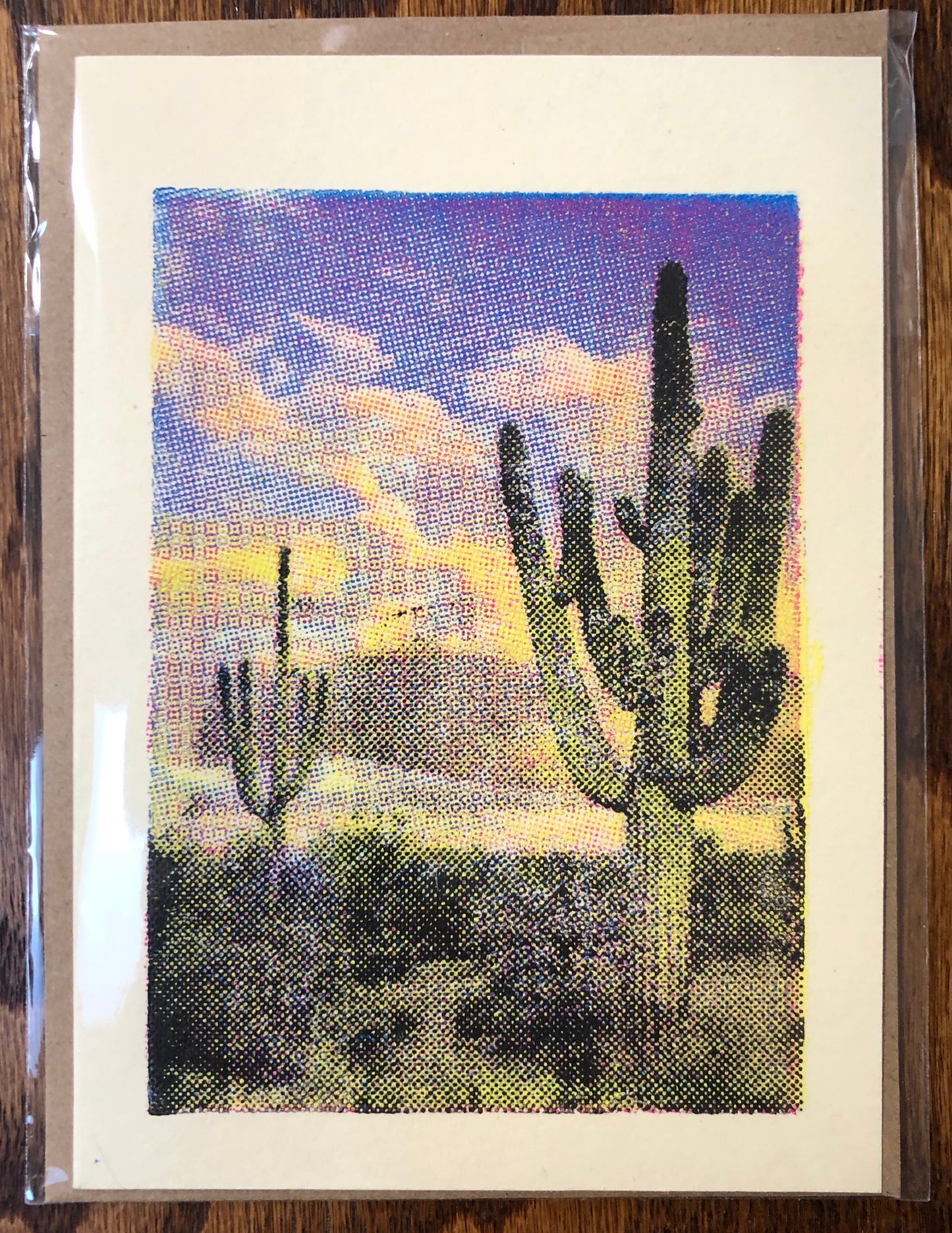 CMYK Hand-pulled linoleum cut saguaro on manila file card