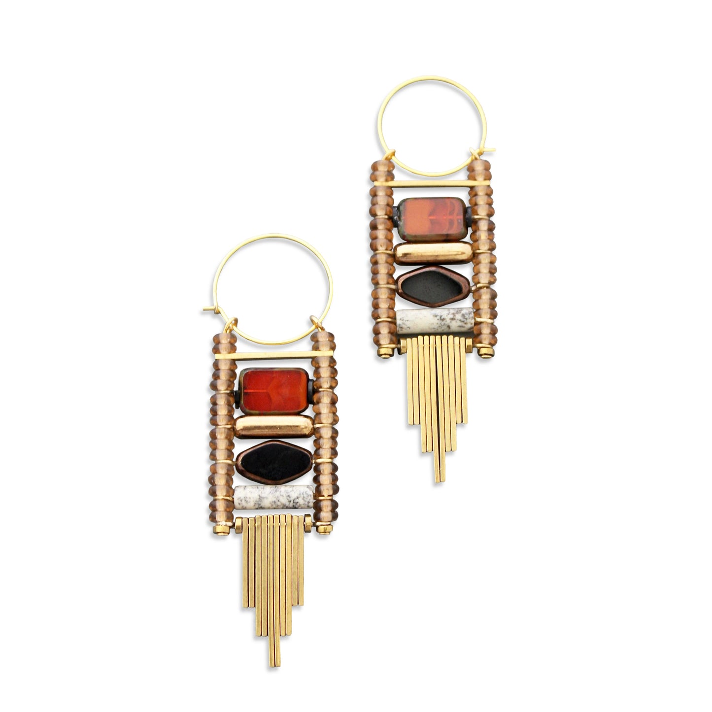 Long Hoop Glass and Stone Earrings