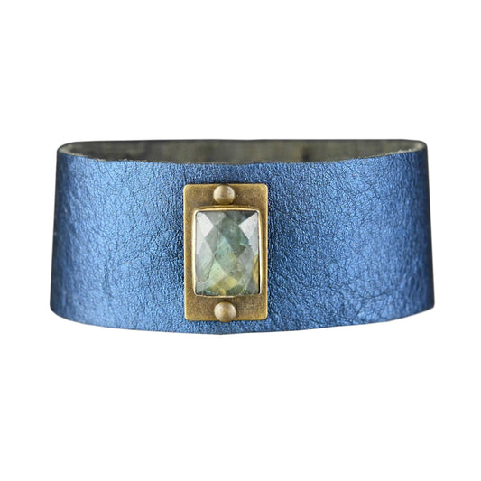 Midsize Cuff with Labradorite on Electric Blue Leather