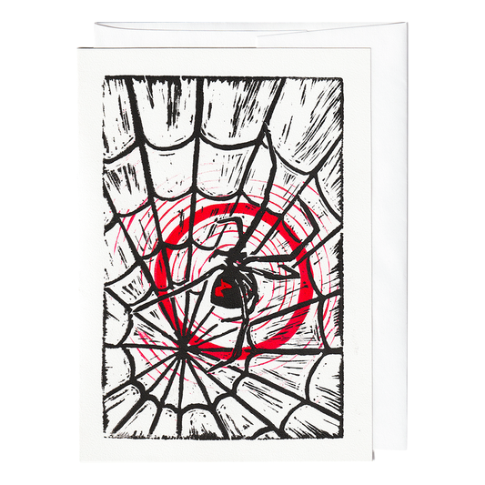 Black widow spider in a web print card