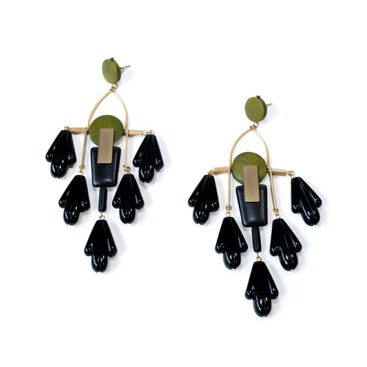 Chandelier ArtDeco Black and Green Shoulder Duster Post Earrings
