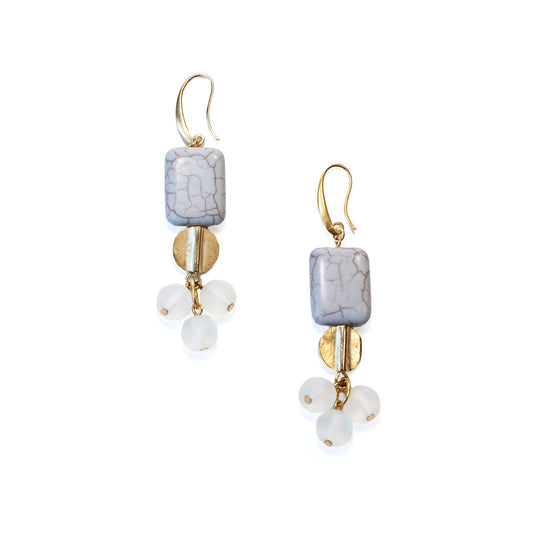 Stone, Brass, and Vintage Glass Cluster Earrings