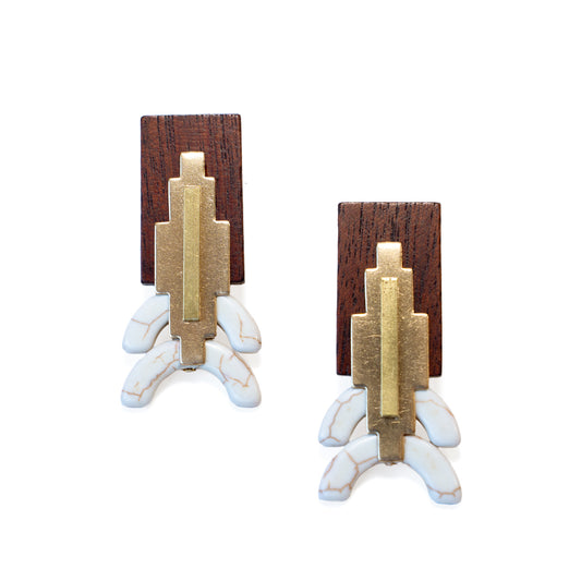 Vintage Wood, Brass, and Stone Post Earrings