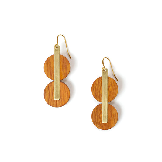 Yellowheart Wood Double Circle and Brass Bar Earrings
