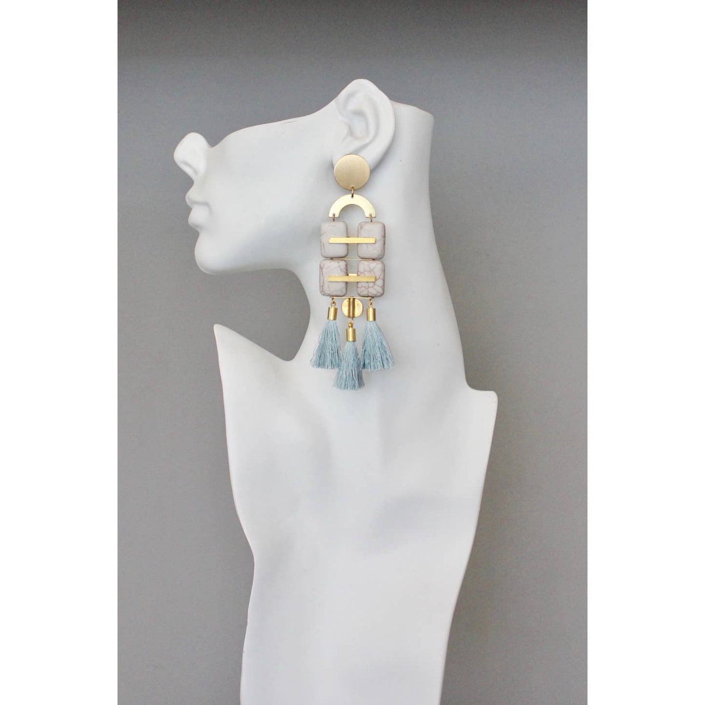 Geometric Gray Stone & Tassel Long Statement Earrings
