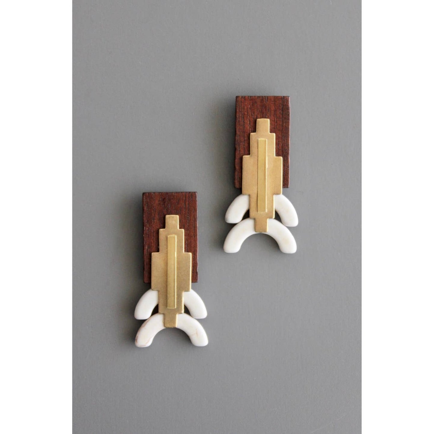 Vintage Wood, Brass, and Stone Post Earrings