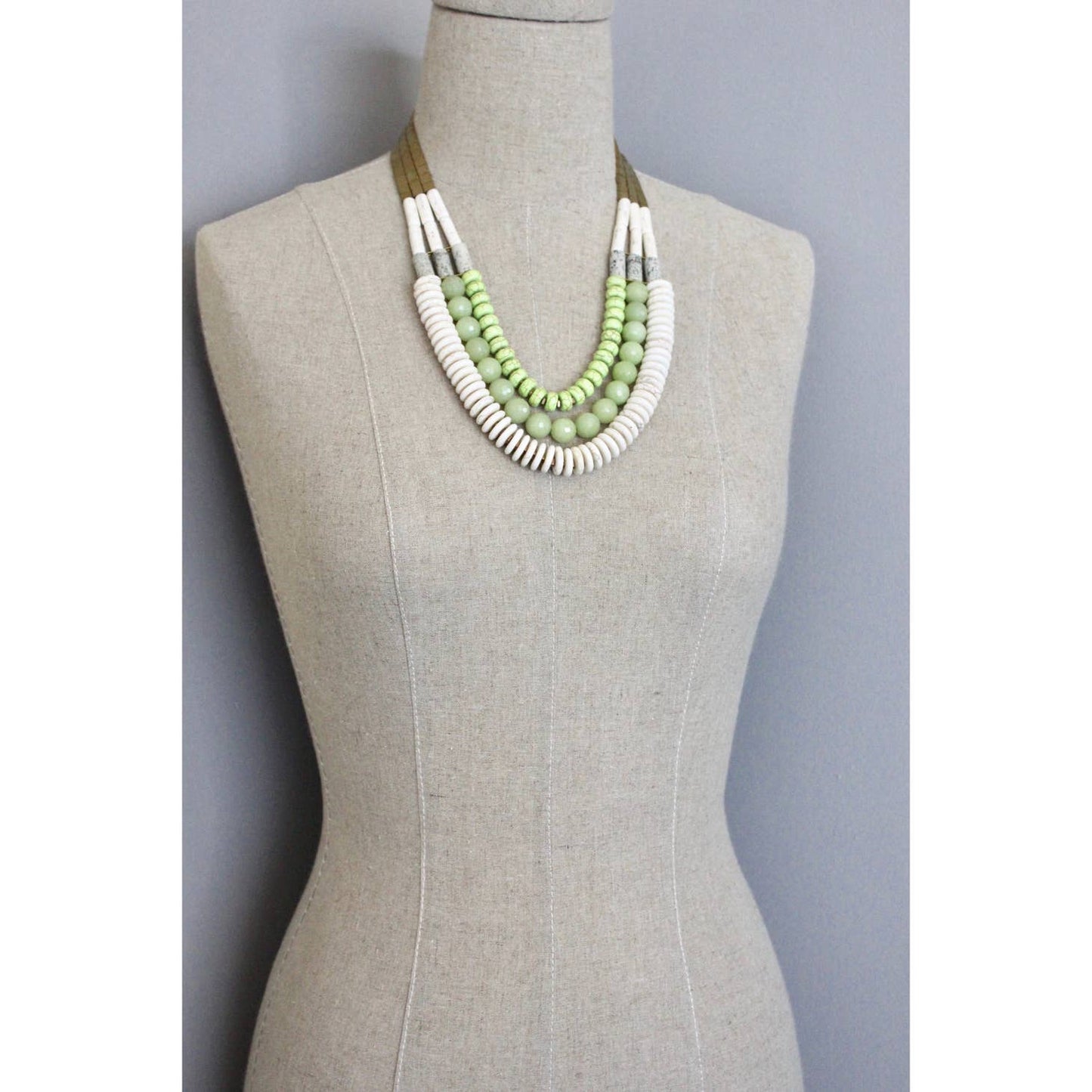 Triple Strand Necklace w/ Lime Green and White Beads