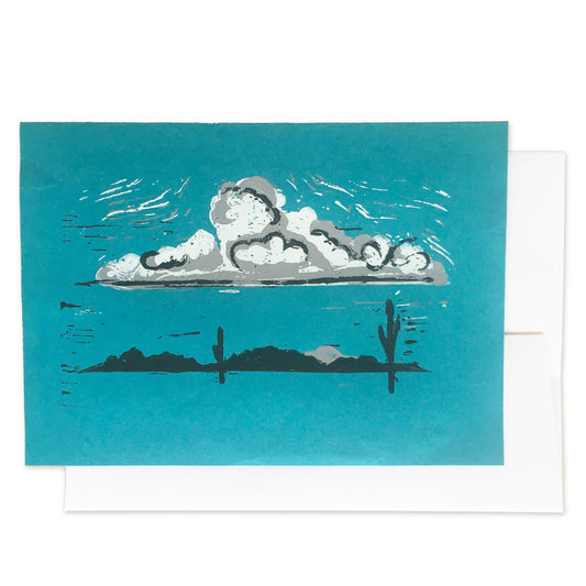 Clouds over the desert linoleum hand-pulled card