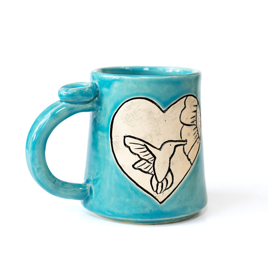 Humming Bird Heart Hand Carved Ceramic Mug